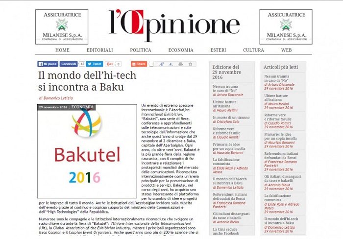 Italian newspaper highlights Bakutel 2016 exhibition 